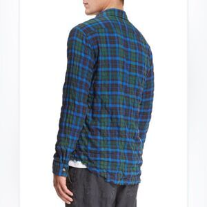 Vince Shirt Men’s Medium Blue/Green Plaid Double Pocket Button Up Frayed Hem